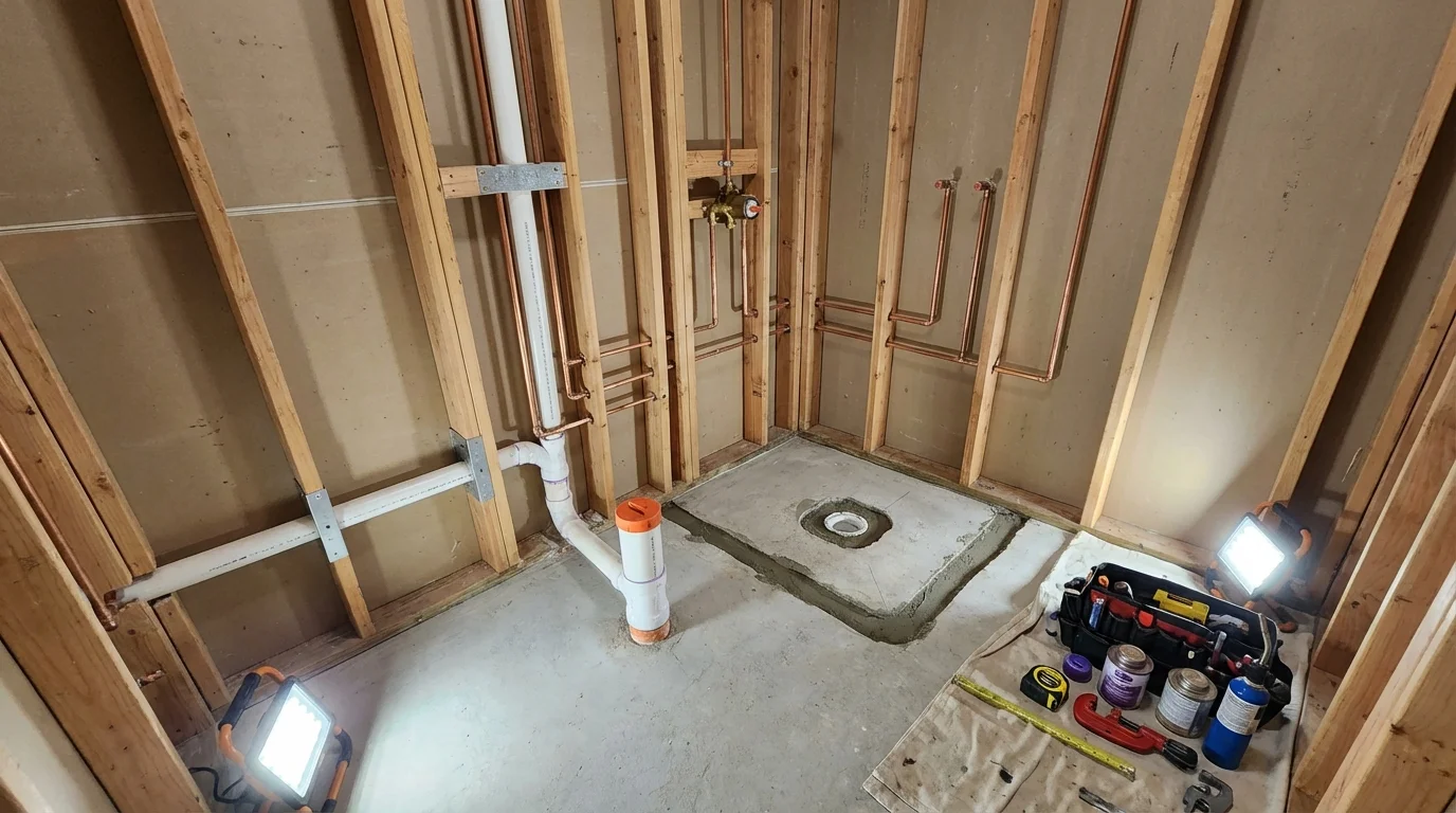 Bathroom rough-in plumbing during remodel by Johns Plumbing LLC in Royal Oak