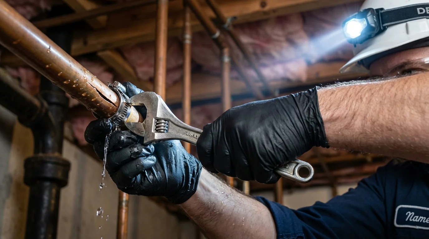 Emergency pipe clamp repair being performed by a Johns Plumbing LLC plumber in Royal Oak