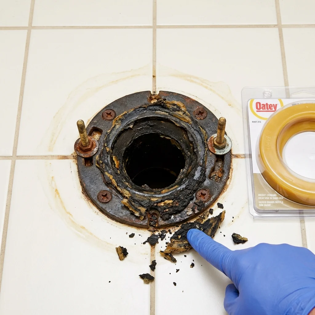 Failed wax ring showing water seepage at the base of a toilet in a Royal Oak, MI home
