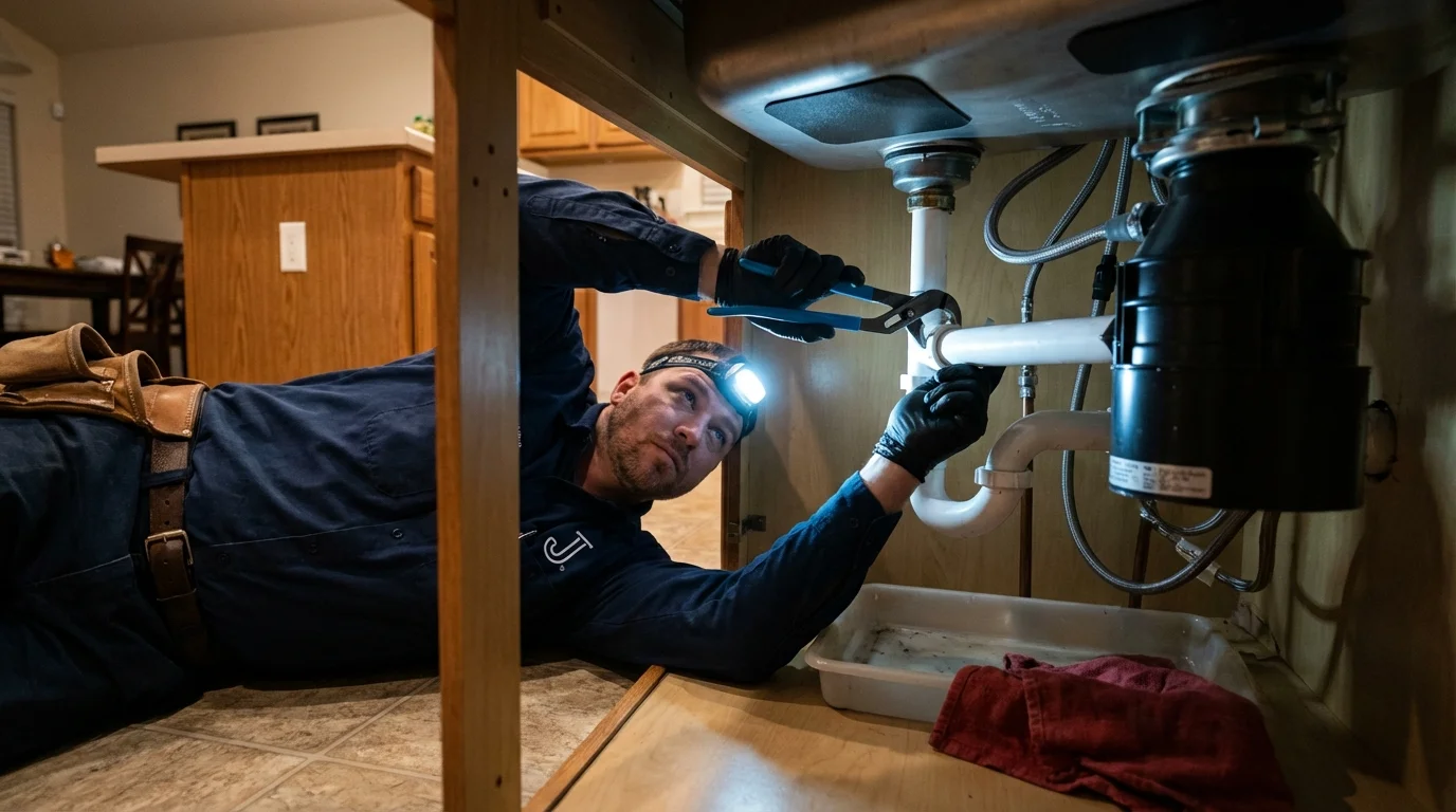 P-trap and supply line connections under a kitchen sink showing a common leak point in Royal Oak, MI